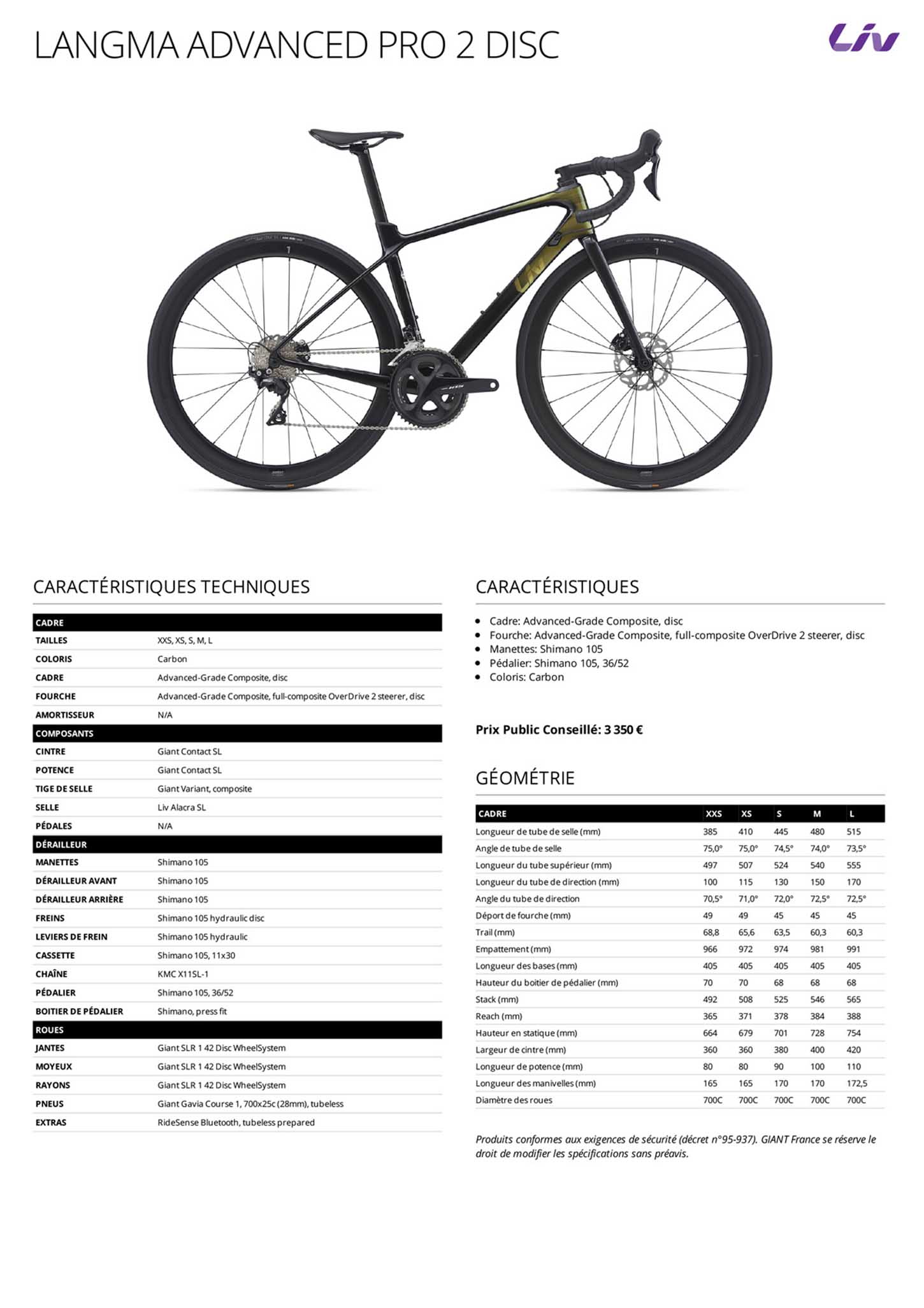 Fiche technique du velo Langma Advanced Pro 2 DISC